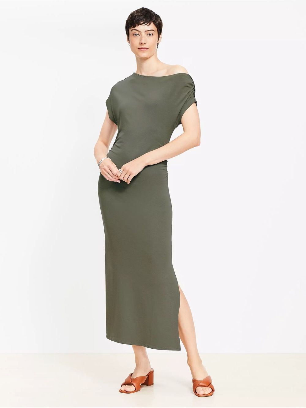 Loft Asymmetrical Ruched Midi Dress